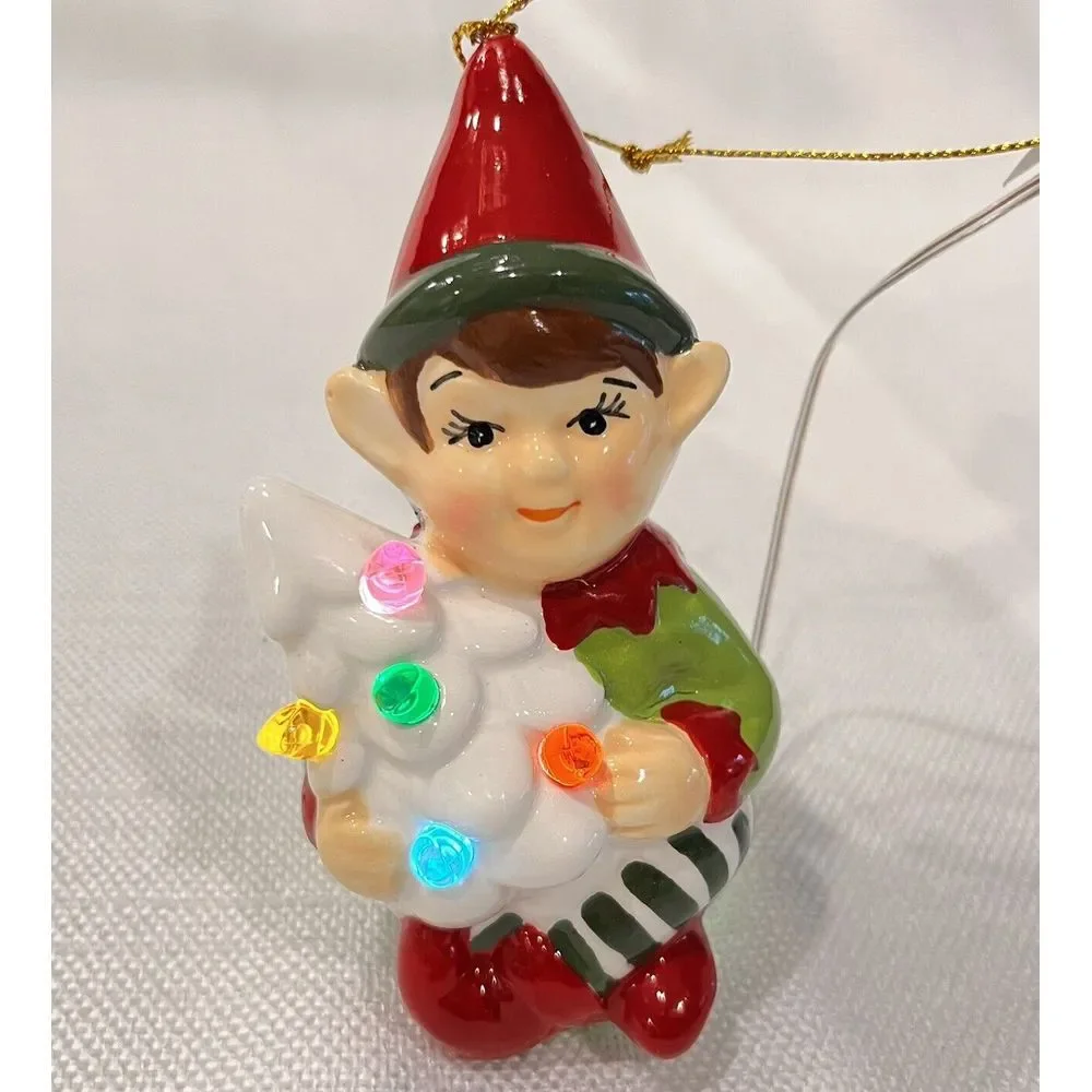 Hand-Painted Ceramic Elf w/ Christmas Tree Light-Up‎ Ornament by Merry Moments